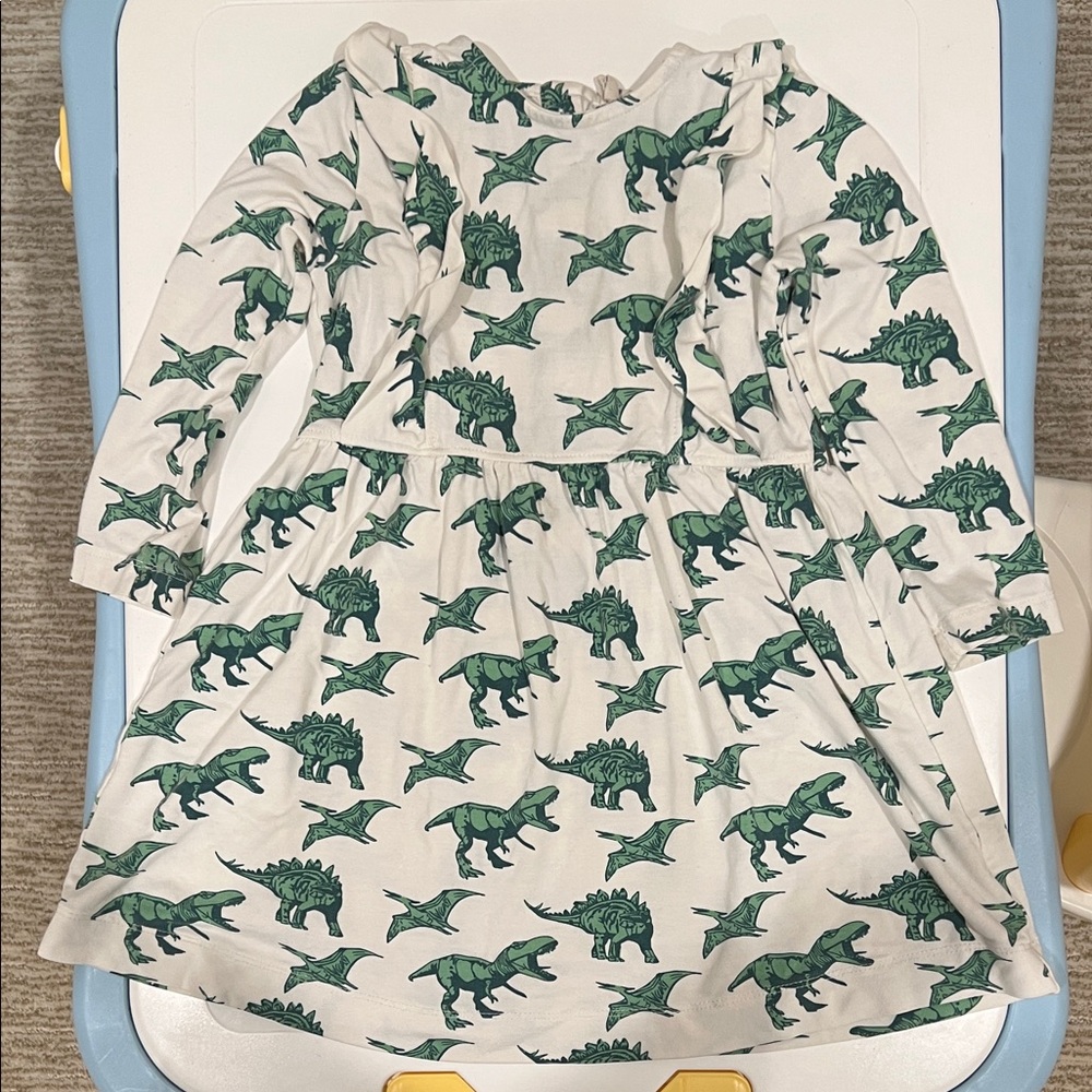 Kate Quinn- long sleeve ruffle gathered dress | meadow dinosaur | bamboo -
2T
